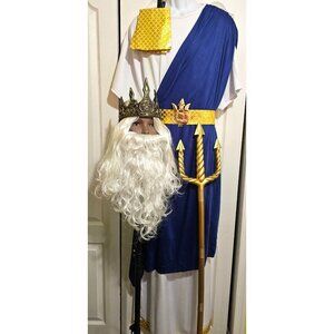 King Neptune Costume Mens XL Crown Robe White Curly Wig Beard Trident Poseidon